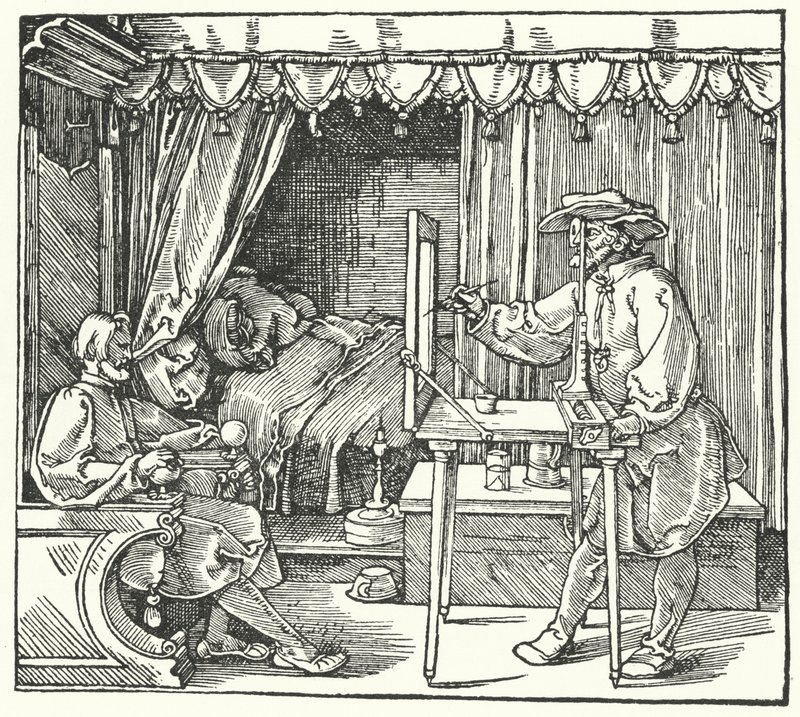Menetelmä mittakaavakuvan tuottamiseksi merkitsemällä esineen ääriviivat lasilevylle (kaiverrus) tekijältä Albrecht (after) Durer or Duerer