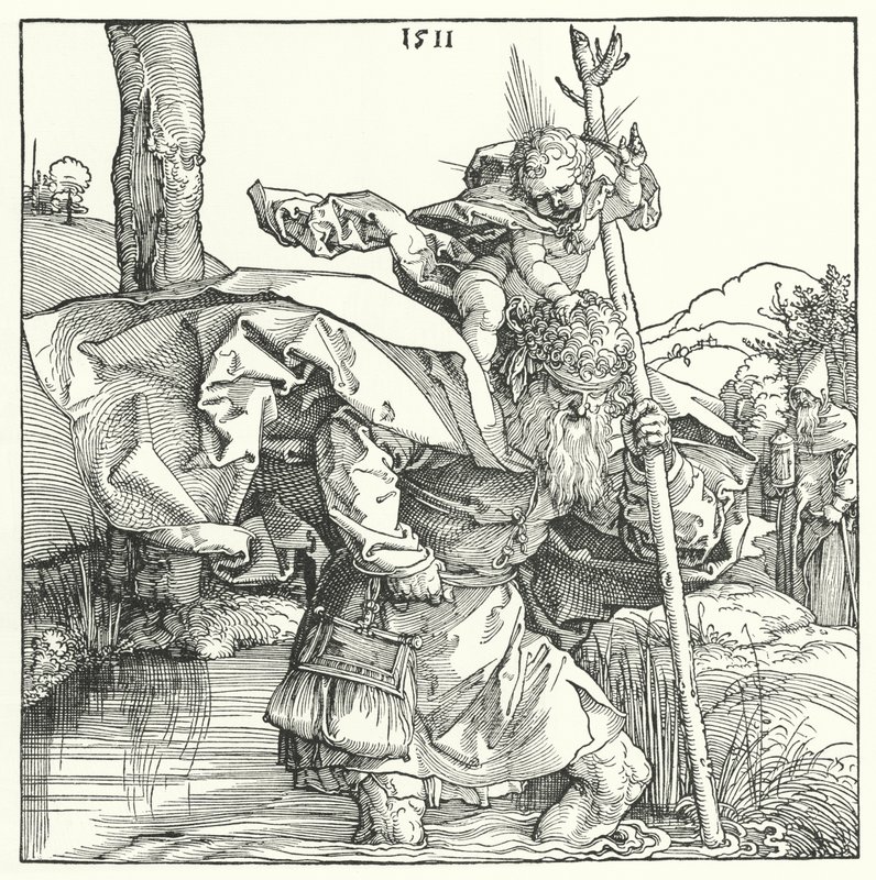 Pyhä Christopher kantaa vauva-Kristusta (kaiverrus) tekijältä Albrecht (after) Durer or Duerer