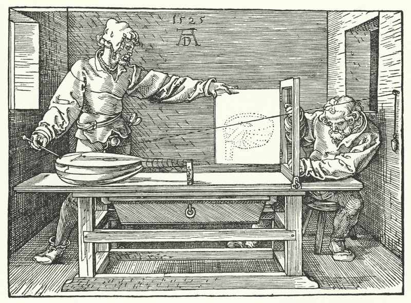Kielten käyttö luutun perspektiivikuvan rakentamiseen (kaiverrus) tekijältä Albrecht (after) Durer or Duerer