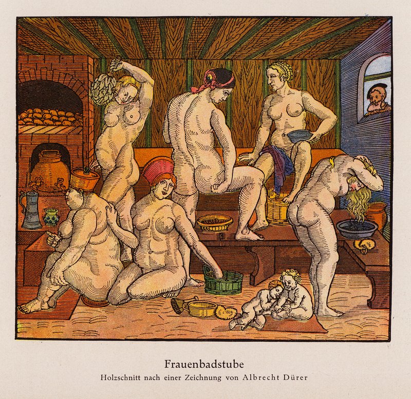 JulianehøjaNaisten kylpylä (väri litho) tekijältä Albrecht (after) Durer or Duerer