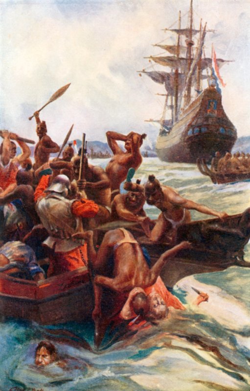 Tasmanin miehet hyökkäävät alkuasukkaiden kimppuun Uuden-Seelannin rannikolla (värilitografia). tekijältä Alec Ball