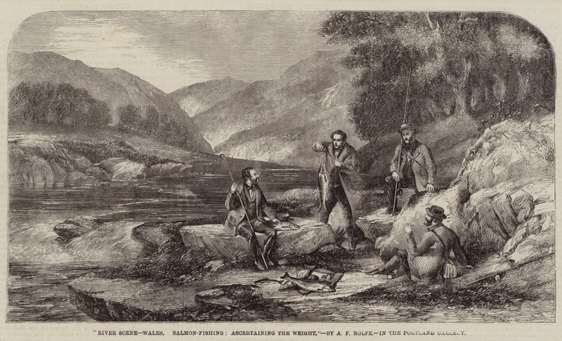River Scene, Wales, lohen kalastus, painon selvittäminen tekijältä Alexander Rolfe