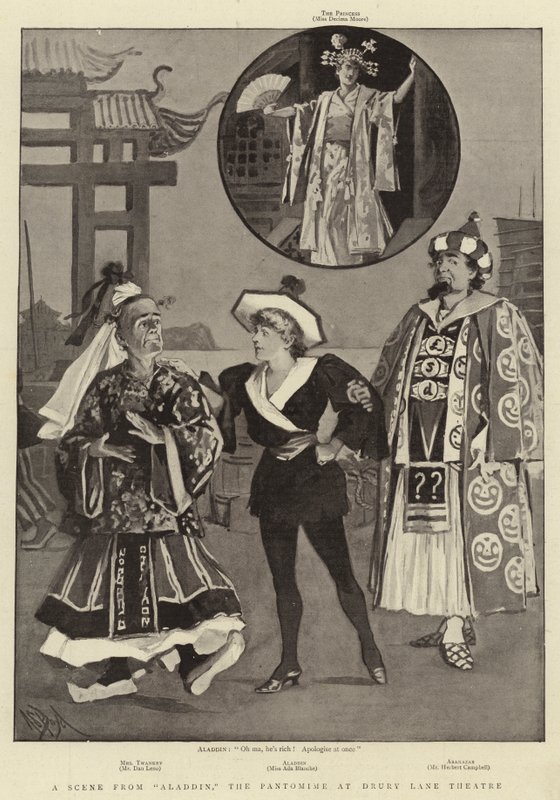 Kohtaus Aladdinista, pantomiimi Drury Lane -teatterissa tekijältä Alexander Stuart Boyd