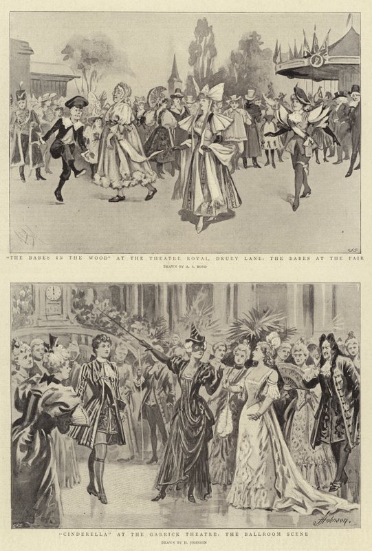 The Babes in the Wood teatterissa Theatre Royal, Drury Lane, Babes at the Fair, Tuhkimo Garrick-teatterissa, Tanssisalikohtaus. tekijältä Alexander Stuart Boyd