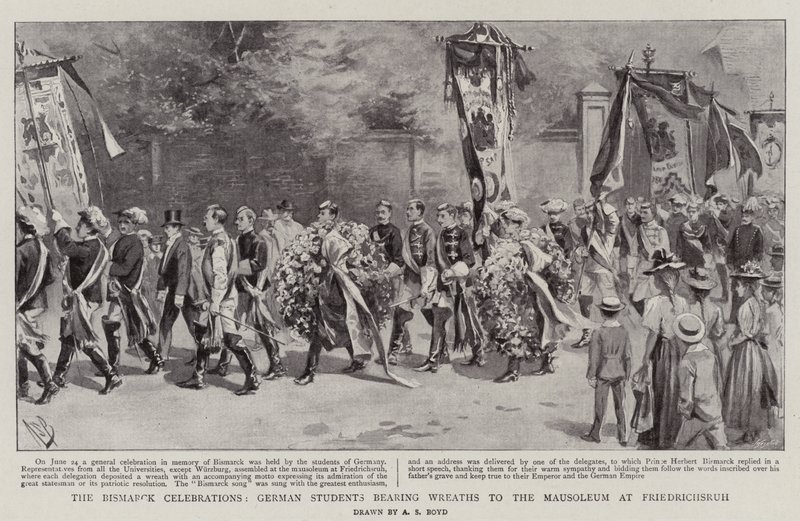 Bismarck-juhlat, saksalaiset opiskelijat kantamassa seppeleitä Friedrichsruhin mausoleumiin tekijältä Alexander Stuart Boyd