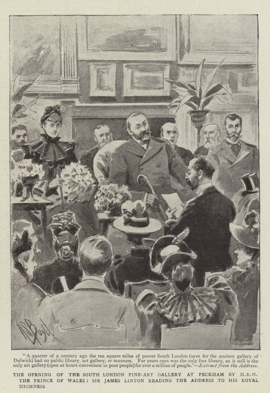 Walesin prinssi HRH avaa Etelä-Lontoon Fine-Art Galleryn Peckhamissa, Sir James Linton lukee puheen Hänen kuninkaalliselle korkeudelleen tekijältä Alexander Stuart Boyd