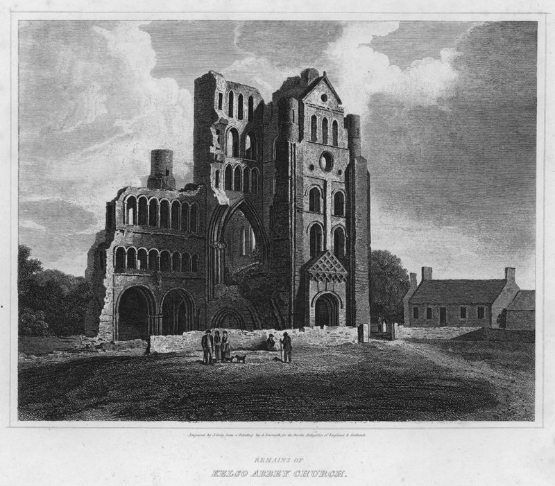 Kelso Abbey -kirkon jäänteet (kaiverrus) tekijältä Alexander (after) Nasmyth
