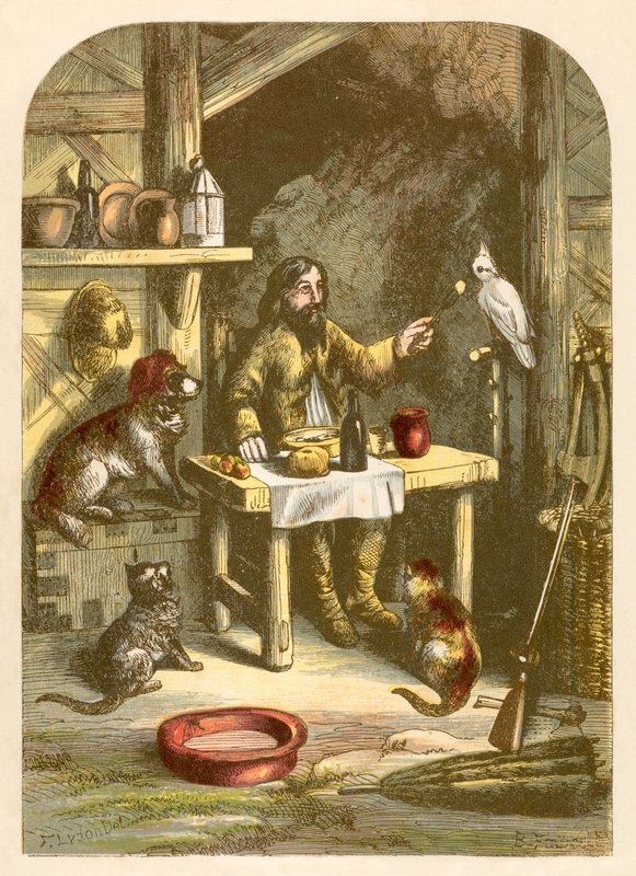 Robinson Crusoe päivällisellä pienen perheensä kanssa tekijältä Alexander Francis Lydon
