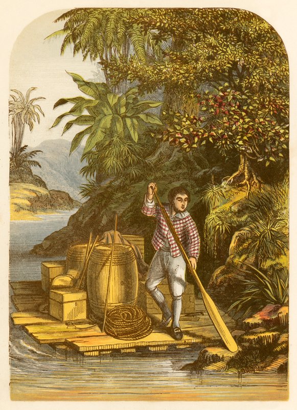 Robinson Crusoe säästää lautalla monia hyödyllisiä esineitä aluksesta tekijältä Alexander Francis Lydon