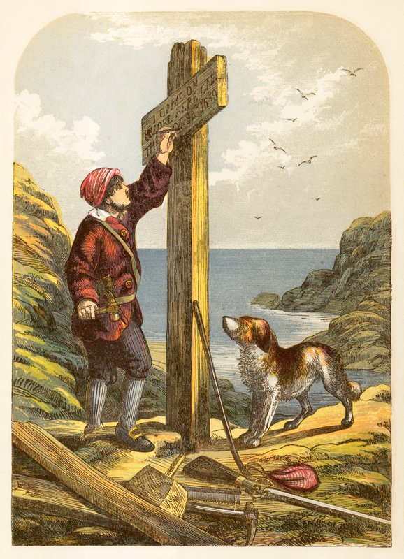 Robinson Crusoe pystyttää pylvään rantaan tekijältä Alexander Francis Lydon