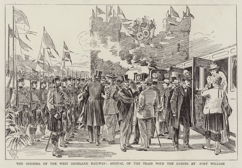 West Highlandin rautatien avaaminen, junan saapuminen vieraiden kanssa Fort Williamiin tekijältä Alexander Stuart Boyd