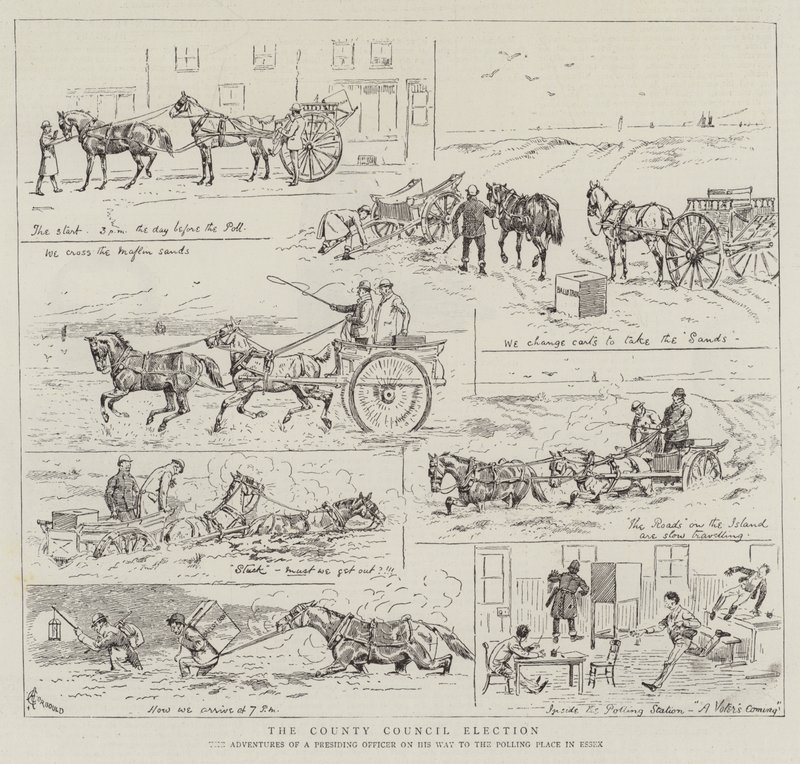 Piirikunnanvaltuuston vaalit, puheenjohtajan seikkailut matkalla äänestyspaikalle Essexissä tekijältä Alfred Chantrey Corbould