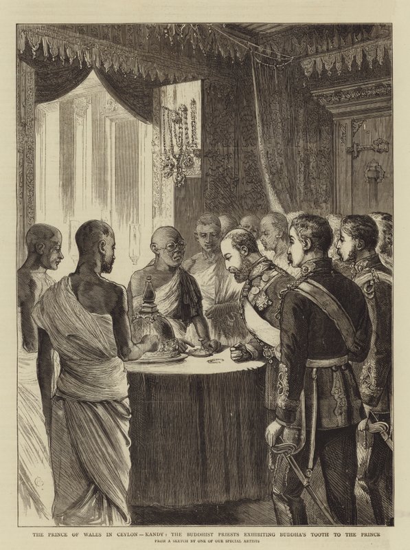 Walesin prinssi Ceylonissa, Kandy, buddhalaiset papit esittelemässä Buddhan hammasta prinssille tekijältä Alfred Chantrey Corbould