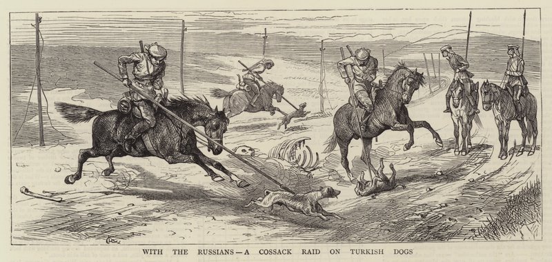 Venäläisten kanssa kasakkojen hyökkäys turkkilaisten koirien kimppuun tekijältä Alfred Chantrey Corbould