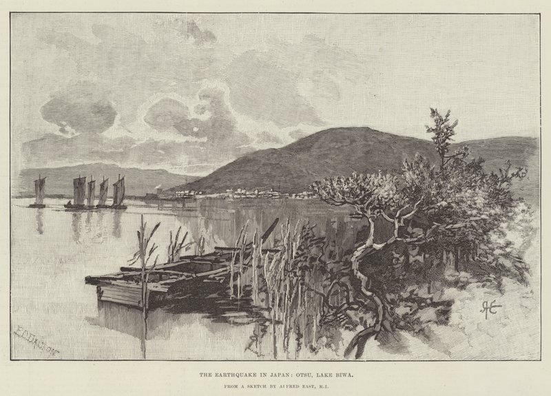 Japanin maanjäristys, Otsu, Biwa-järvi tekijältä Alfred East