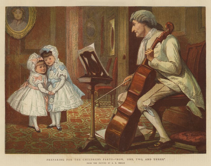 Valmistautuminen lastenjuhliin, nyt, yksi, kaksi ja kolme (chromolitho) tekijältä Alfred Edward Emslie