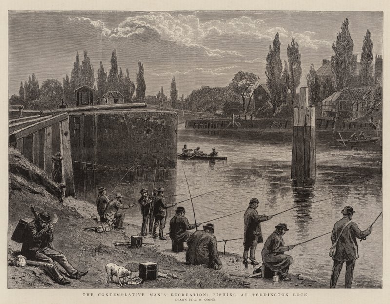 Mietiskelevän miehen virkistys, kalastus Teddington Lockissa tekijältä Alfred W. Cooper