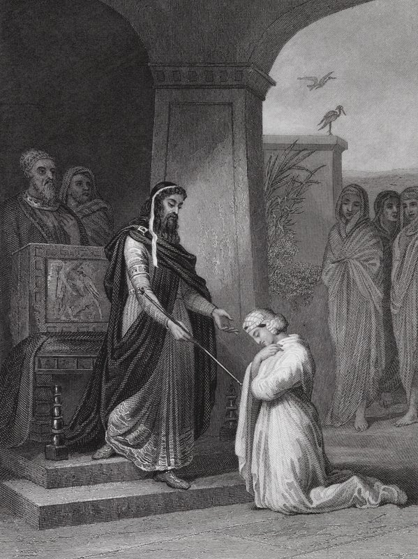 Ester kuningas Ahasveroksen edessä, Ester, 15. luku, v. 11 (kaiverrus). tekijältä Alfred (after) Johannot