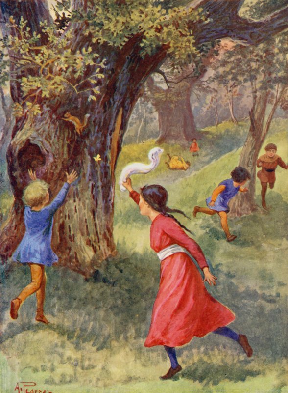Merrie England: Lapset leikkivät Sherwood Forestissa (värilitografia). tekijältä Alfred (after) Pearse