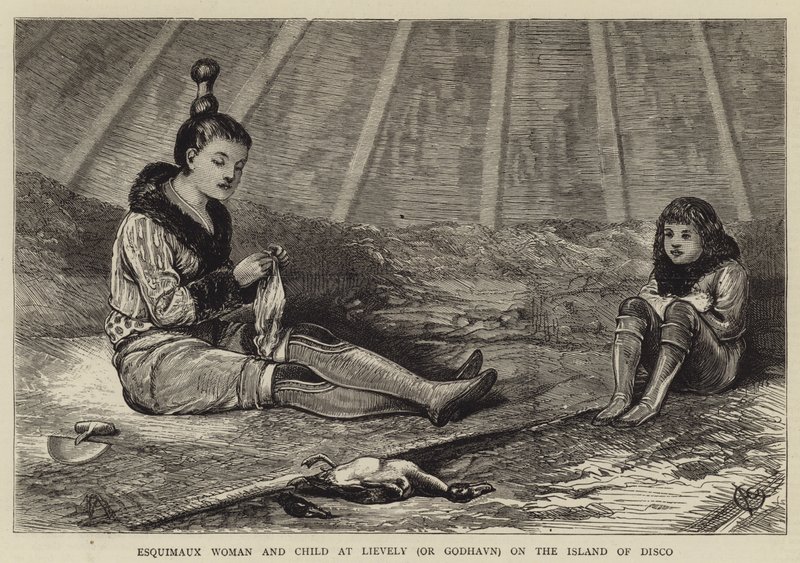 Esquimaux nainen ja lapsi Lievelyssä (tai Godhavnissa) Discon saarella tekijältä Alfred Chantrey Corbould