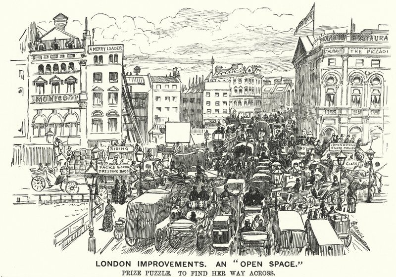 Punch sarjakuva: London Improvements. "Avoin avaruus" - liikenneruuhka viktoriaanisessa Lontoossa (kaiverrus) tekijältä Alfred Chantrey Corbould