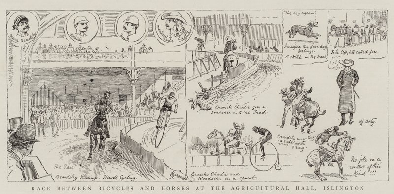 Kilpailu polkupyörien ja hevosten välillä Islingtonin maataloushallissa tekijältä Alfred Chantrey Corbould