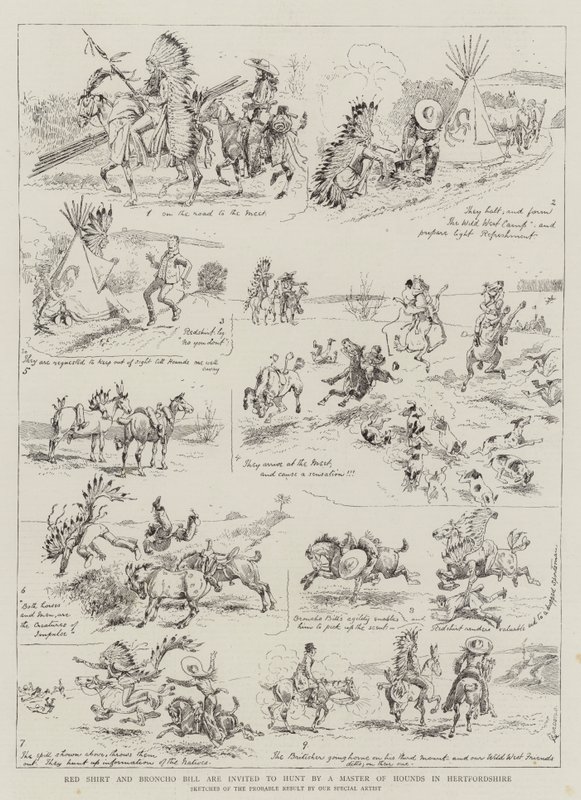 Red Shirt ja Broncho Bill ovat kutsuneet metsästykseen Hertfordshiren koirakoirien mestarin toimesta tekijältä Alfred Chantrey Corbould