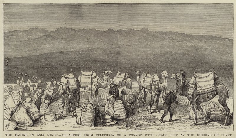 Vähä-Aasian nälänhätä, Egyptin khediivin lähettämän viljaa kuljettaneen saattueen lähtö Celephkiasta tekijältä Alfred Chantrey Corbould