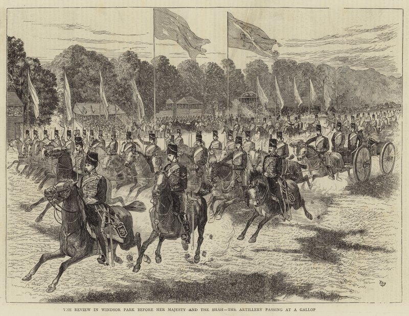 Katsaus Windsor Parkissa Hänen Majesteettinsa ja Shahin edessä, tykistö ohittamassa laukkaa (kaiverrus) tekijältä Alfred Chantrey Corbould