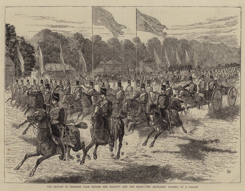 Katsaus Windsor Parkissa Hänen Majesteettinsa ja Shahin edessä, tykistö ohittamassa laukkaa tekijältä Alfred Chantrey Corbould