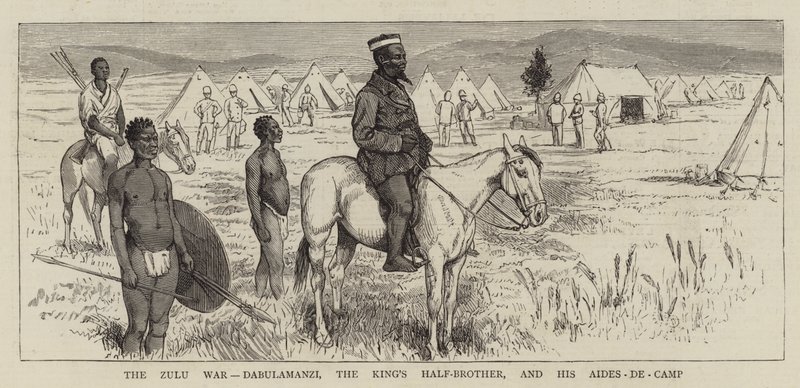 Zulusota, Dabulamanzi, kuninkaan velipuoli, ja hänen apulaisensa ja leiriavustajansa tekijältä Alfred Chantrey Corbould
