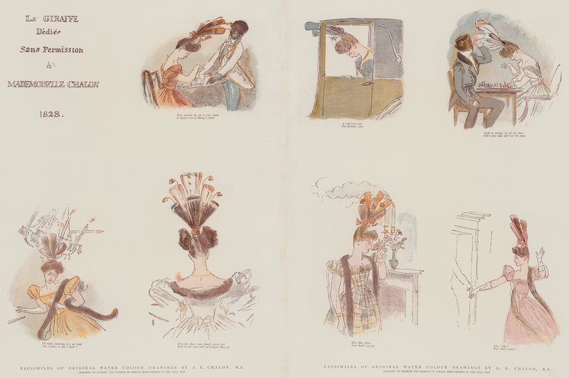 Alkuperäisten vesiväripiirustusten faksimilit, jotka on suunniteltu satiirisoimaan muotia naisten vuoden 1828 päähineissä (chromolitho) tekijältä Alfred Edward Chalon