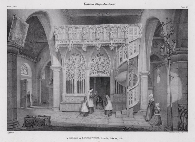 Veistetty puuseinä Notre Dame de Lambaderin kappelista, Plouvorn, Bretagne, Ranska (litho) tekijältä Alfred Guesdon