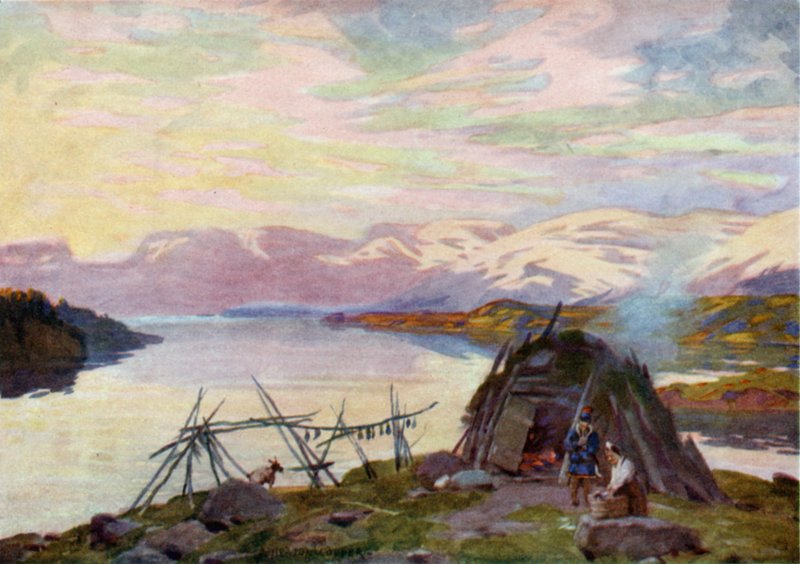 Lappilainen mökki Torne Trask -järvellä, keskiyöllä tekijältä Alfred Heaton Cooper