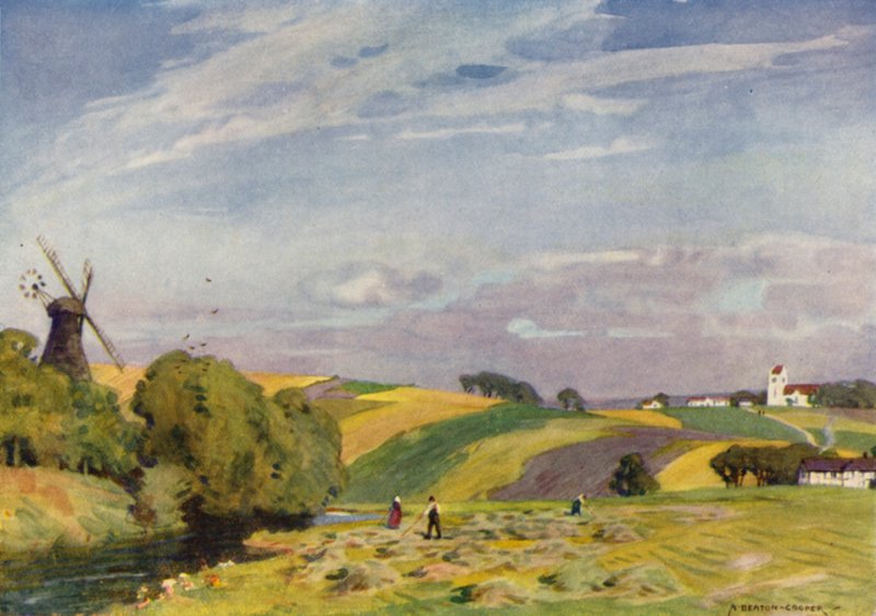 Tanska: Tyypillinen tanskalainen maisema, Etelä-Jyllanti (väri litho) tekijältä Alfred Heaton Cooper