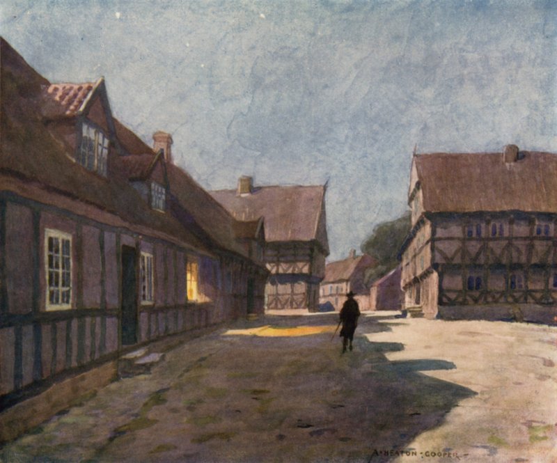 Tanska: Århus, Vanhakaupunki (väri litho) tekijältä Alfred Heaton Cooper