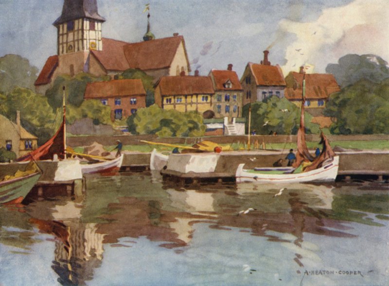Tanska: Bornholm, Ronne Harbour (väri litho) tekijältä Alfred Heaton Cooper
