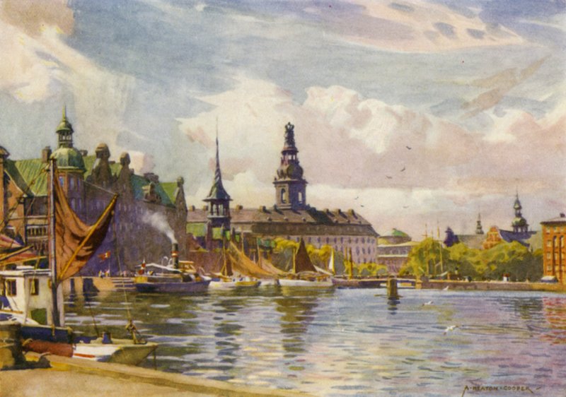 Tanska: Kööpenhamina, Christiansborgin linna (väri litho) tekijältä Alfred Heaton Cooper