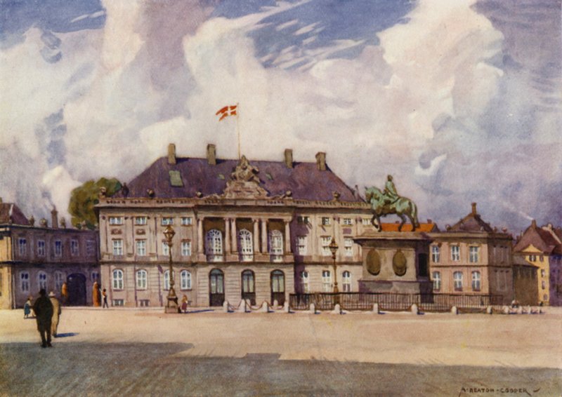 Tanska: Kööpenhamina, Amalienborgin palatsi (väri litho) tekijältä Alfred Heaton Cooper