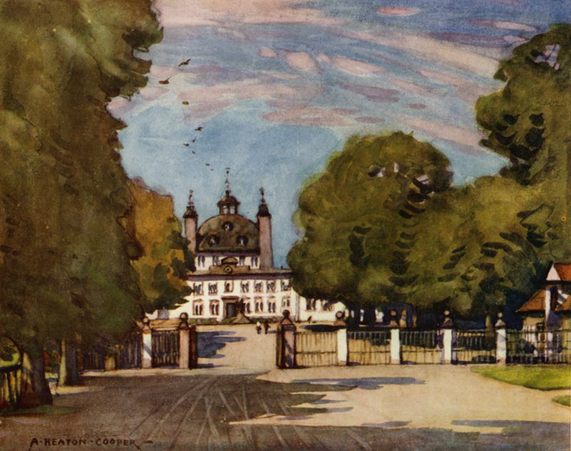 Tanska: Fredensborgin palatsi (väri litho) tekijältä Alfred Heaton Cooper