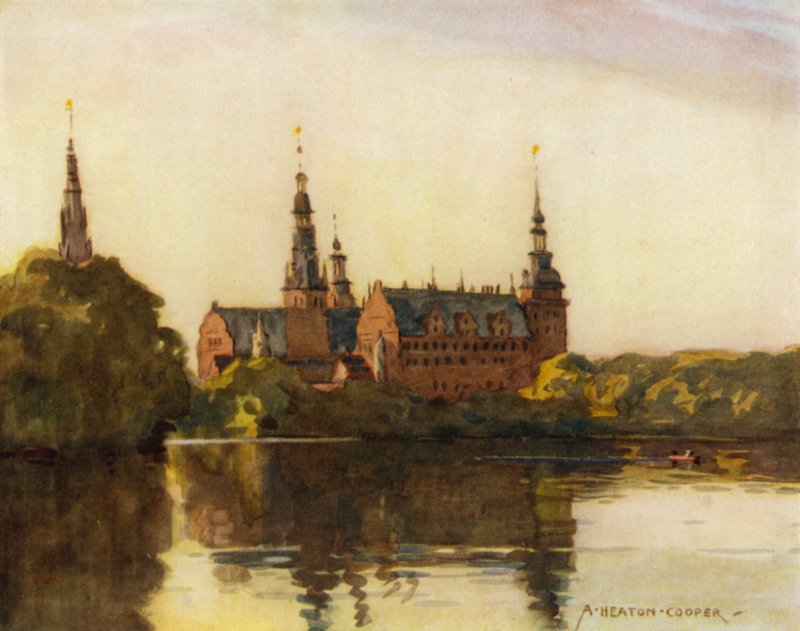 Tanska: Frederiksborgin linna (väri litho) tekijältä Alfred Heaton Cooper