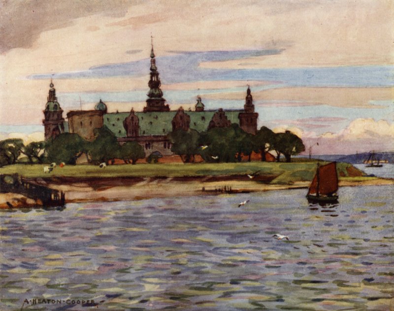 Tanska: Helsingor, Kronborgin linna (värilitho) tekijältä Alfred Heaton Cooper