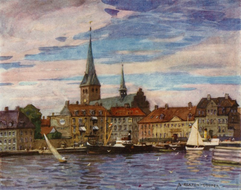 Tanska: Helsingor, Shakespearen "Elsinore" (värijäsenet) tekijältä Alfred Heaton Cooper