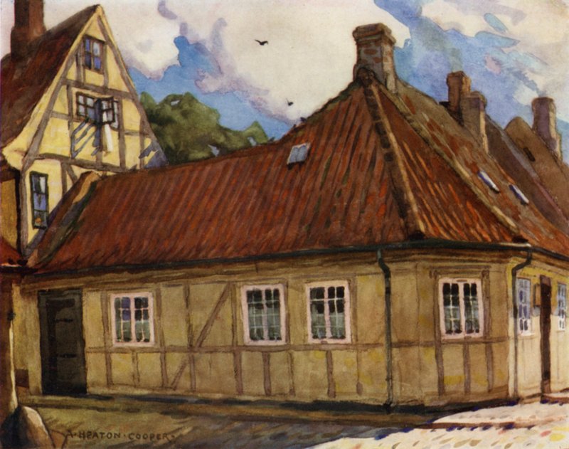 Tanska: Odense, Hans Andersenin syntymäpaikka (väri litho) tekijältä Alfred Heaton Cooper