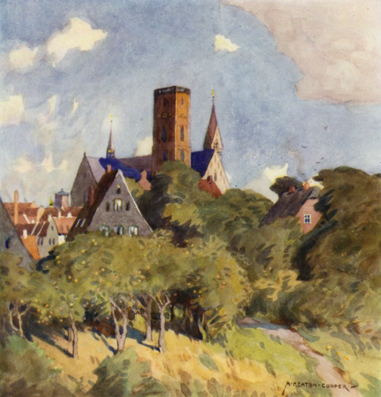 Tanska: Ribe, keskiaikainen kaupunki Pohjois-Slesvigissa (väri litho) tekijältä Alfred Heaton Cooper