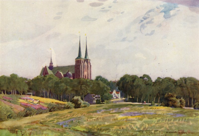 Tanska: Roskilden katedraali (väri litho) tekijältä Alfred Heaton Cooper