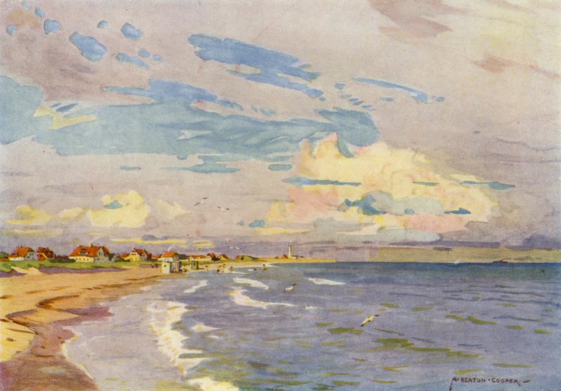 Tanska: Skagen, Uiminen iltaisin (väri litho) tekijältä Alfred Heaton Cooper