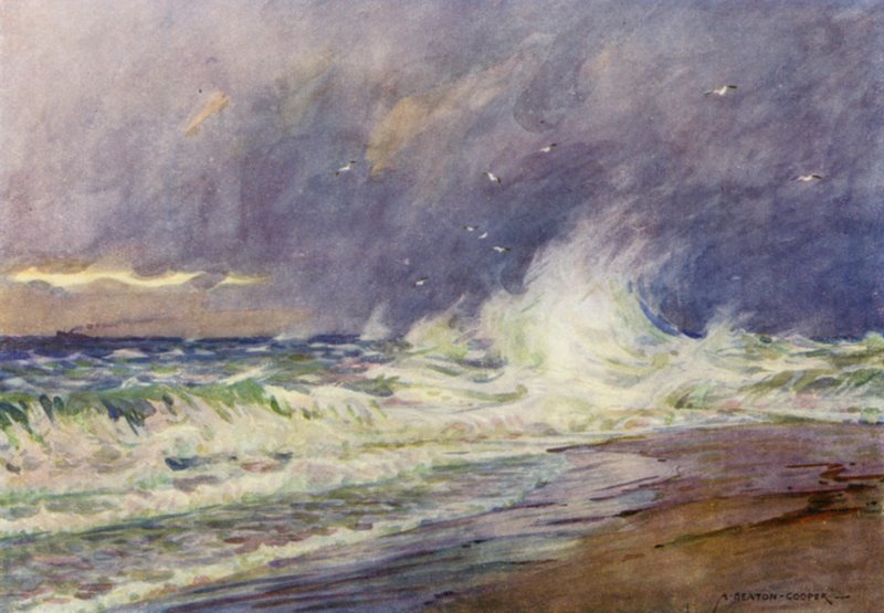 Tanska: Skaw, Pohjanmeren ja Kattegatin kohtaus (värilitho) tekijältä Alfred Heaton Cooper