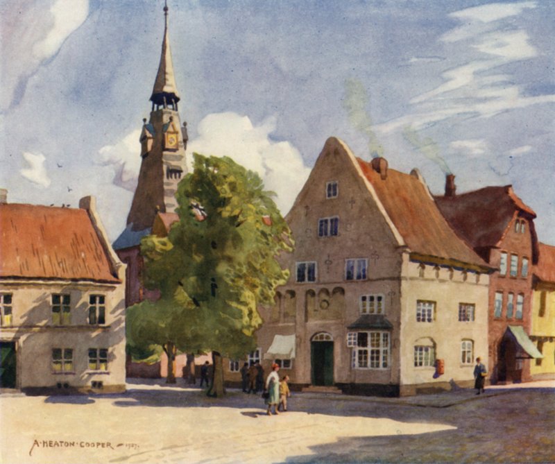Tanska: Tonder, keskiaikainen kaupunki Pohjois-Slesvigissa (väri litho) tekijältä Alfred Heaton Cooper