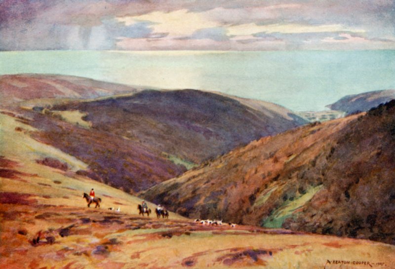 Red Deer metsästys Exmoorissa, Vale of Porlock (väri litho) tekijältä Alfred Heaton Cooper
